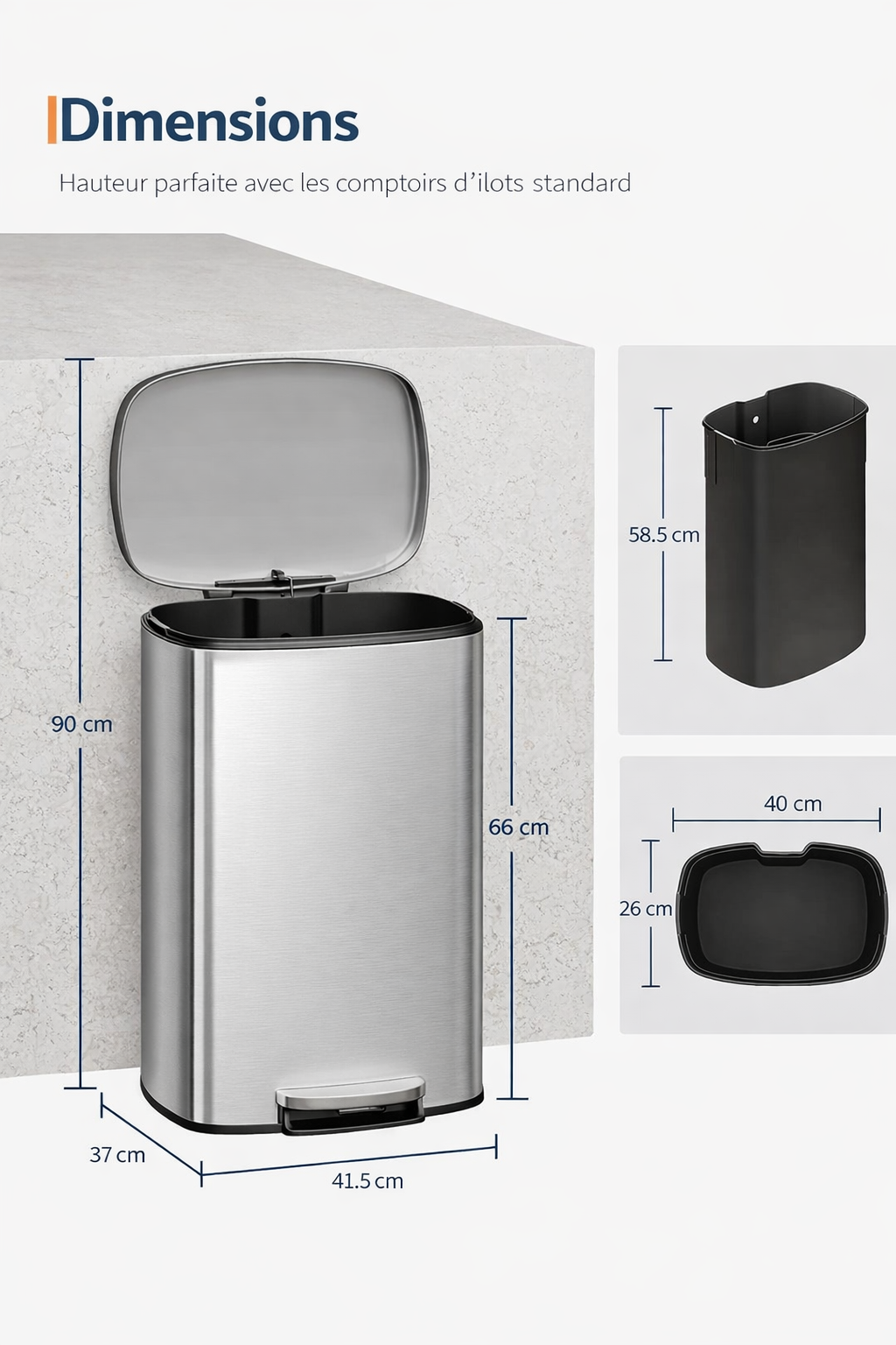 Ensemble poubelles en inox 50 L et 10 L à pédale pour cuisine et salle de bain Poubelle & Design