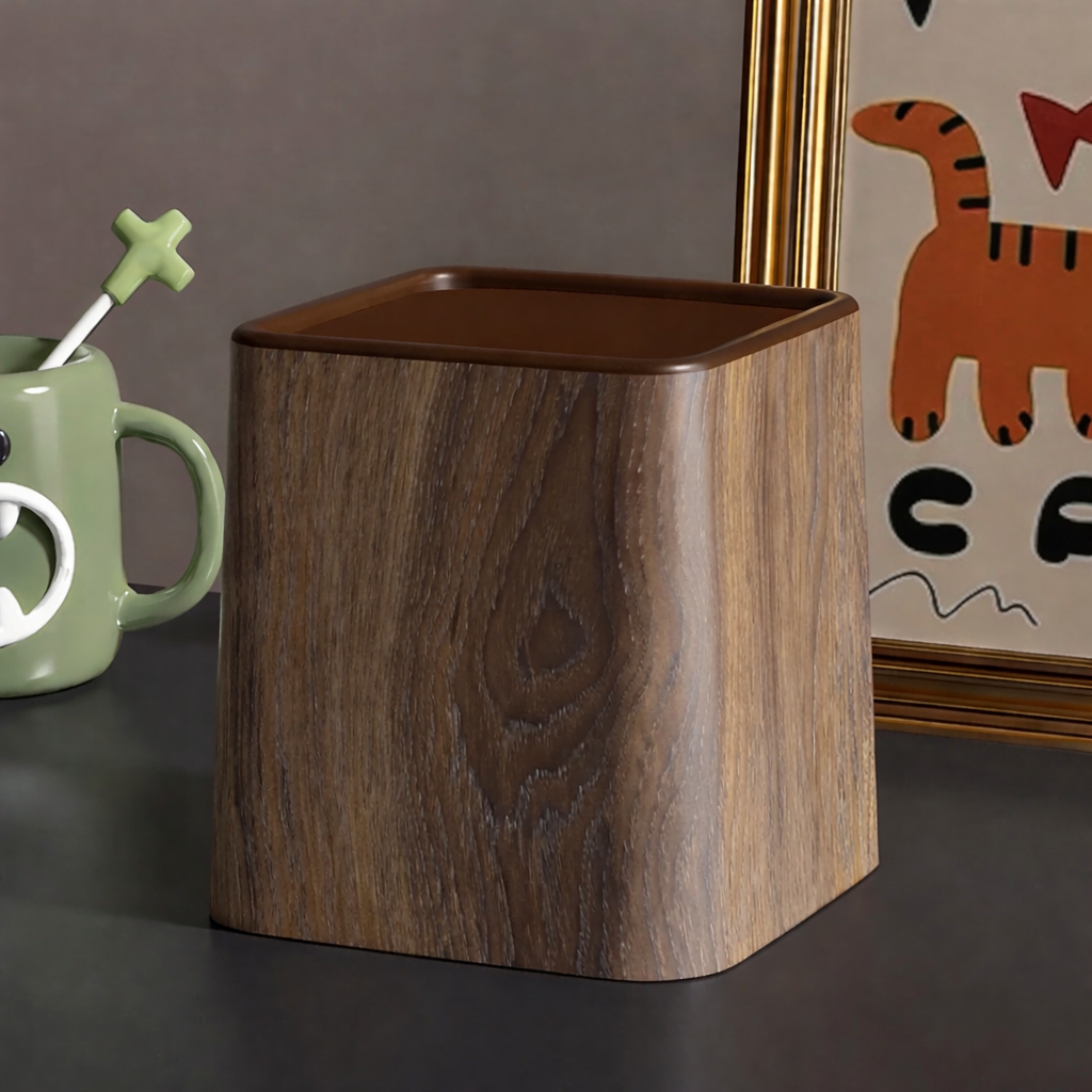 Petite poubelle de bureau imitation bois avec couvercle et design rétro naturel