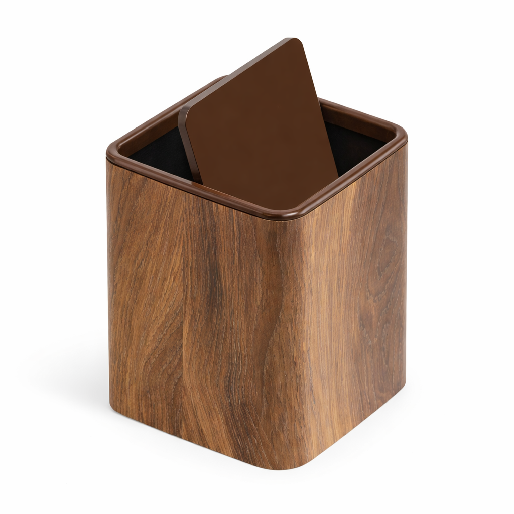 Petite poubelle de bureau imitation bois avec couvercle et design rétro naturel