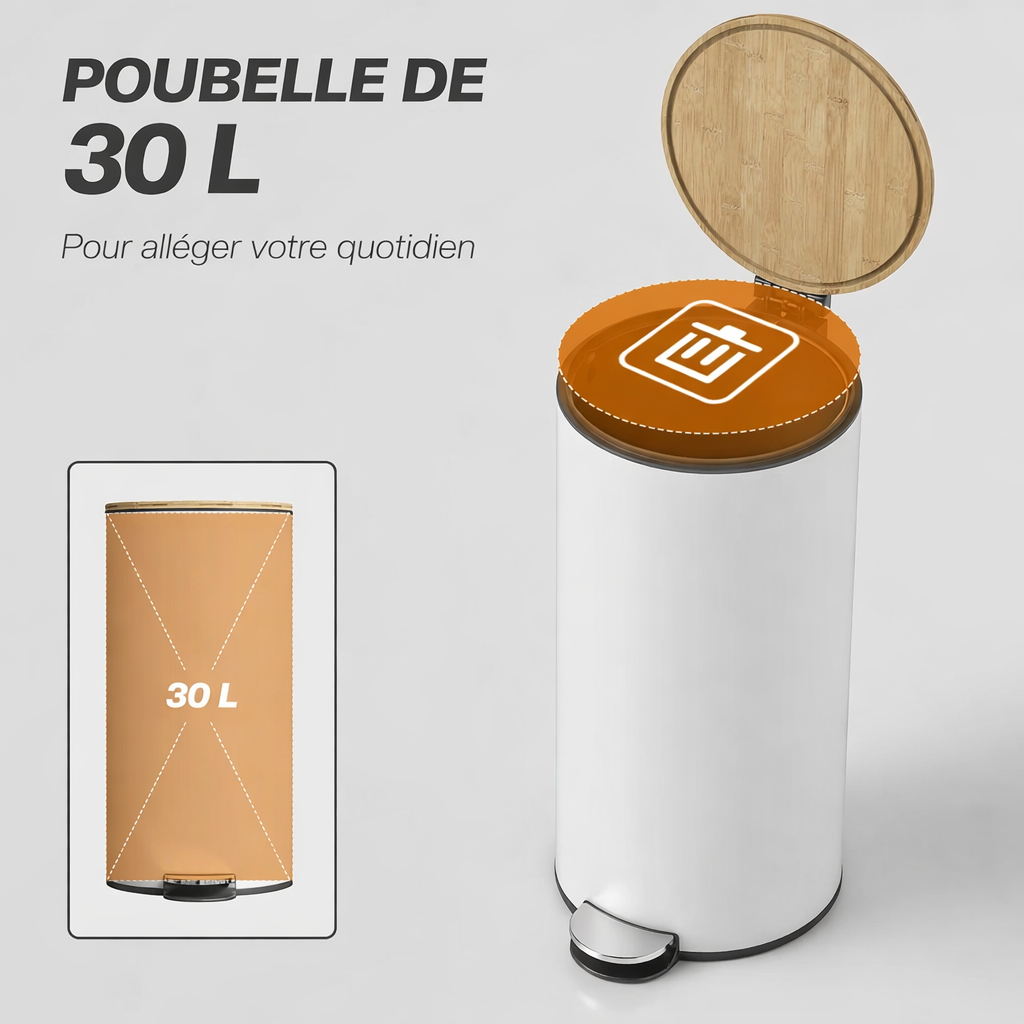 Poubelle de cuisine blanche et bois 30 litres avec pédale Poubelle & Design