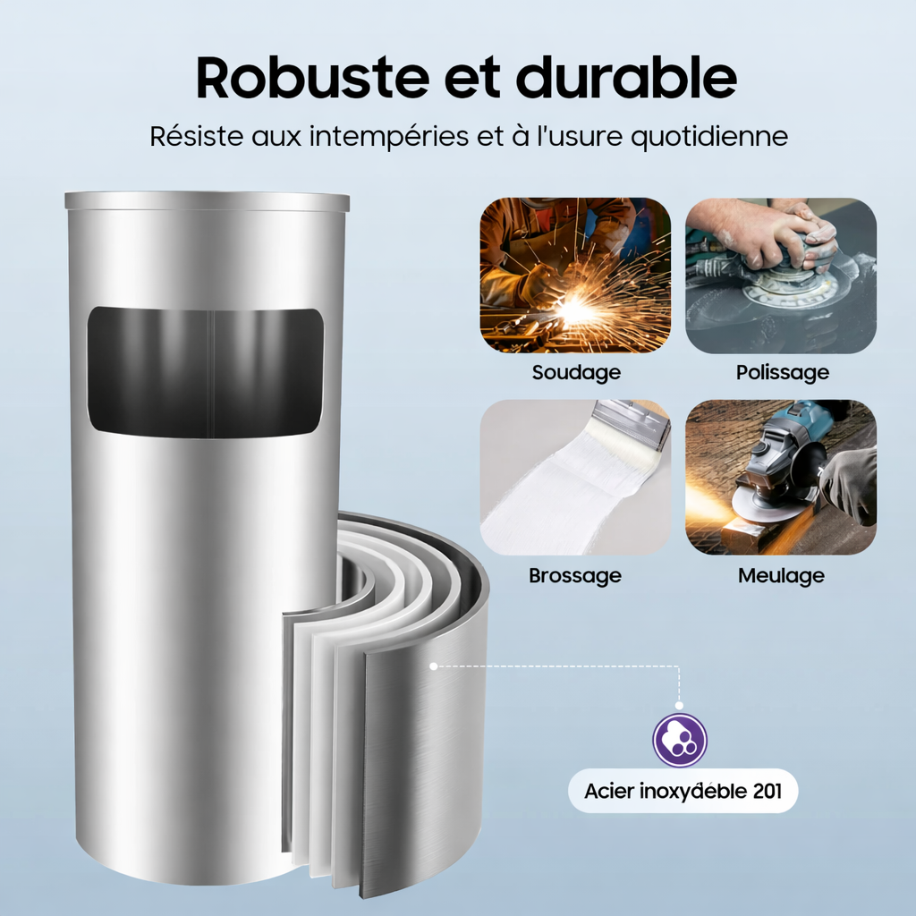 Poubelle en acier inoxydable avec cendrier supérieur et seau intérieur amovible pour bureaux et espaces fumeurs