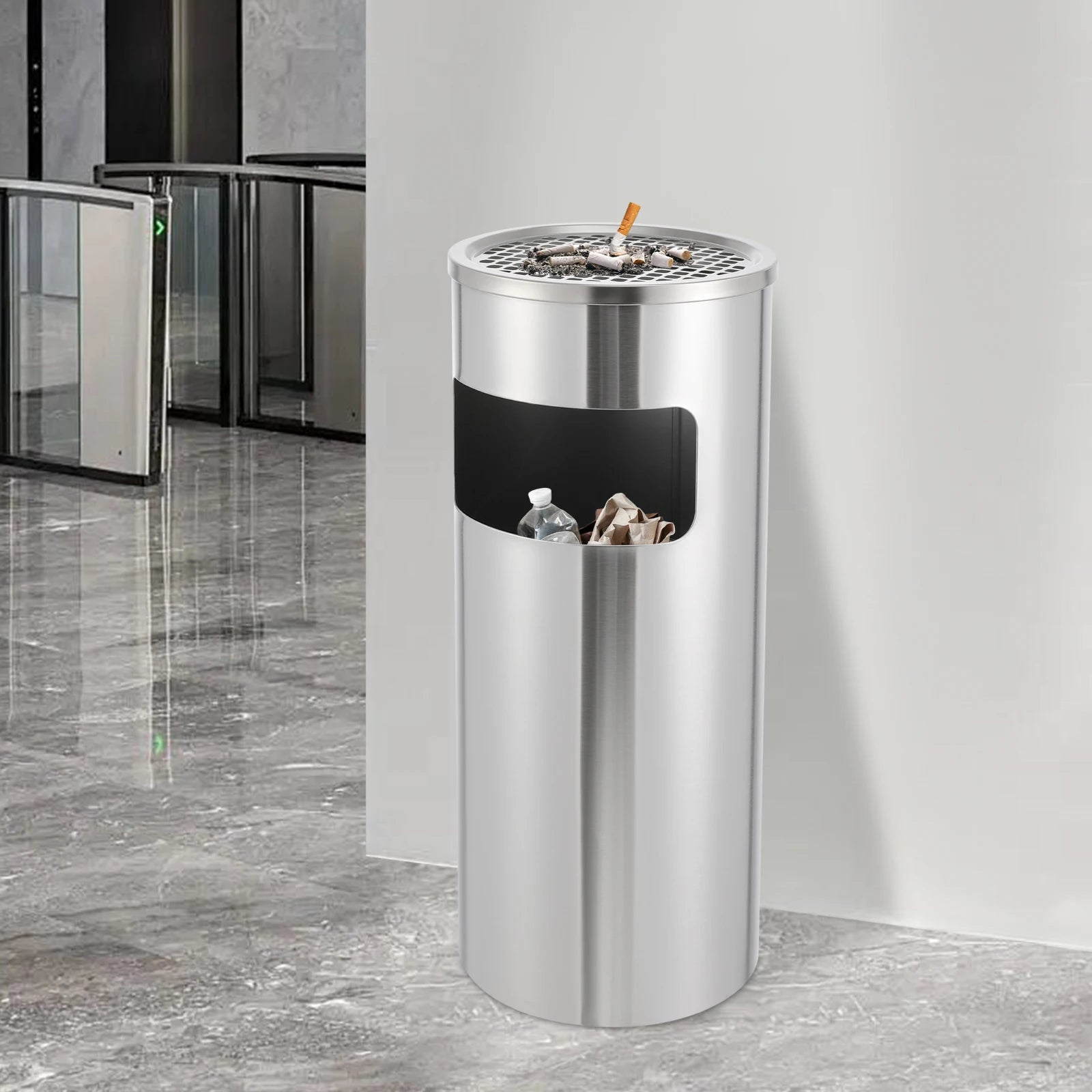 Poubelle en acier inoxydable avec cendrier supérieur et seau intérieur amovible pour bureaux et espaces fumeurs