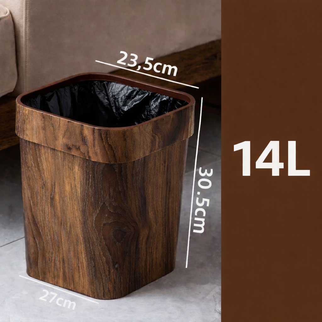 Poubelle imitation bois carrée 14 litres avec anneau intérieur et finition bois naturelle