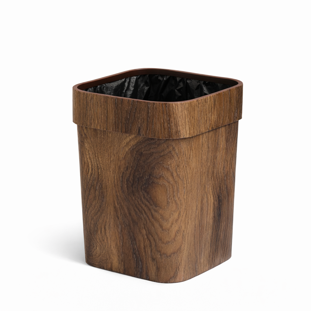 Poubelle imitation bois carrée 14 litres avec anneau intérieur et finition bois naturelle