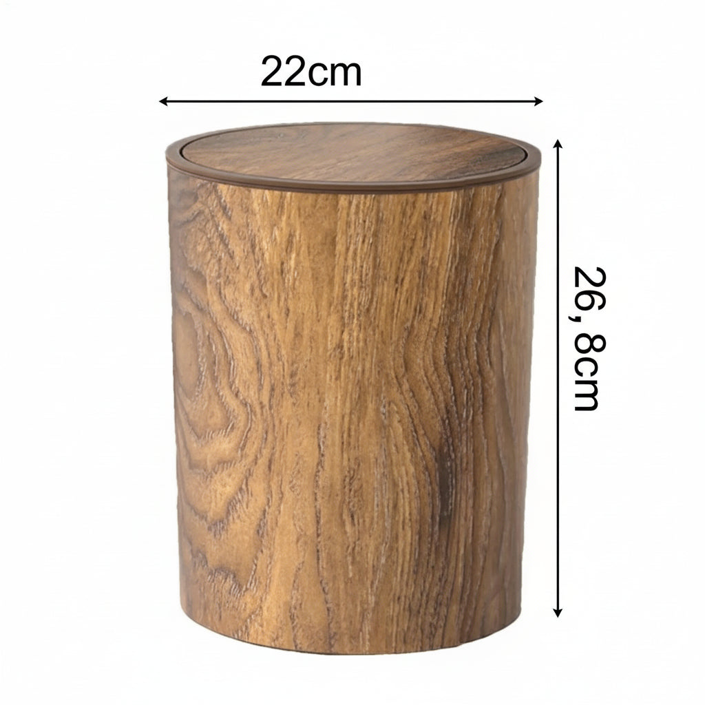 Poubelle ronde imitation bois 10 L avec couvercle basculant design rétro
