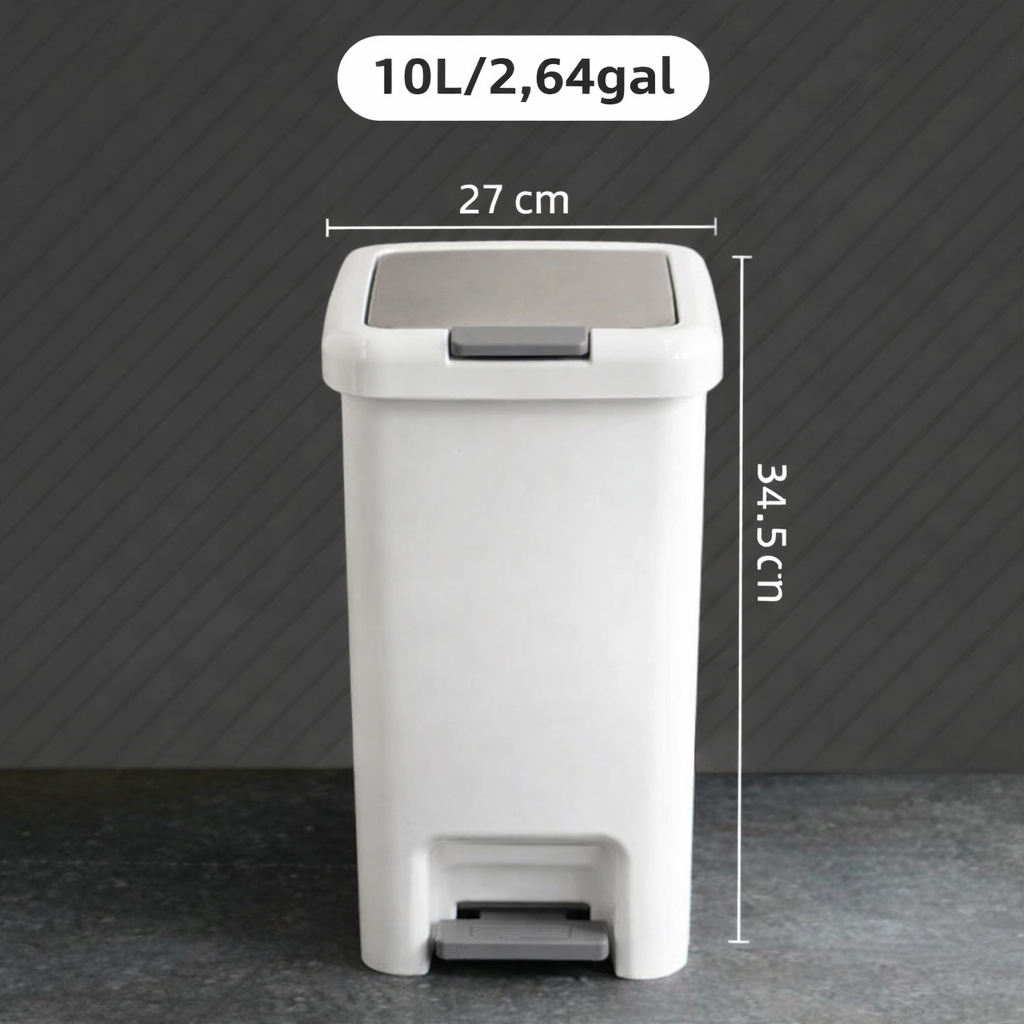 Poubelle en plastique à pédale 10 litres rectangulaire avec couvercle à pression et dimensions 27 × 34,5 cm