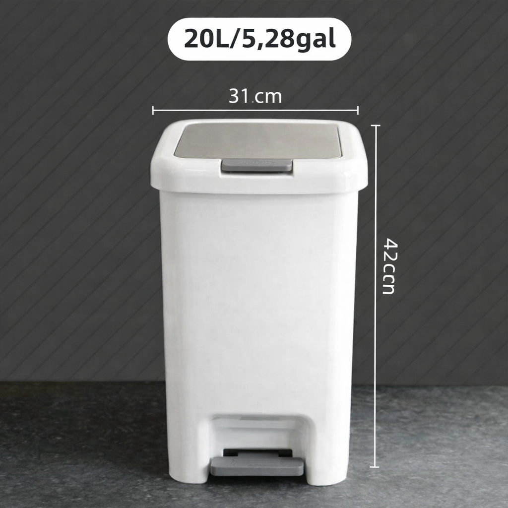 Poubelle en plastique à pédale 20 litres rectangulaire avec couvercle à pression et dimensions 31 × 42 cm