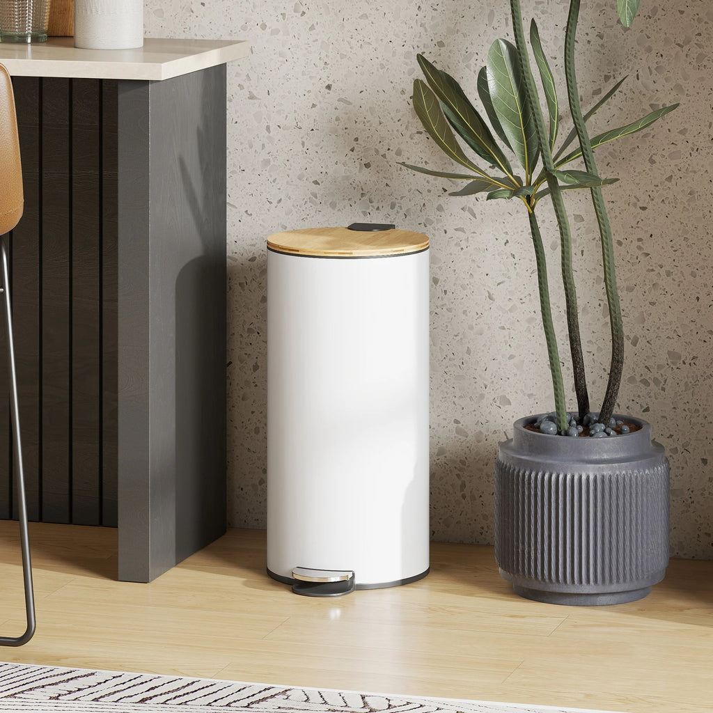 30L Kitchen Trash Can with Pedal Soft Close Lid and Removable Bucket for Bedroom Office Study Living Room Cream Poubelle & Design