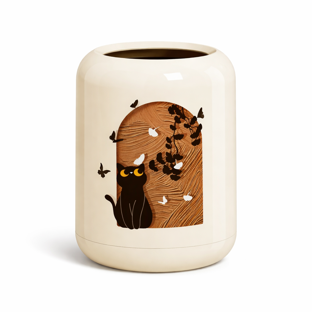 Motif chat décoratif sur poubelle de chambre ronde design ludique Poubelle & Design