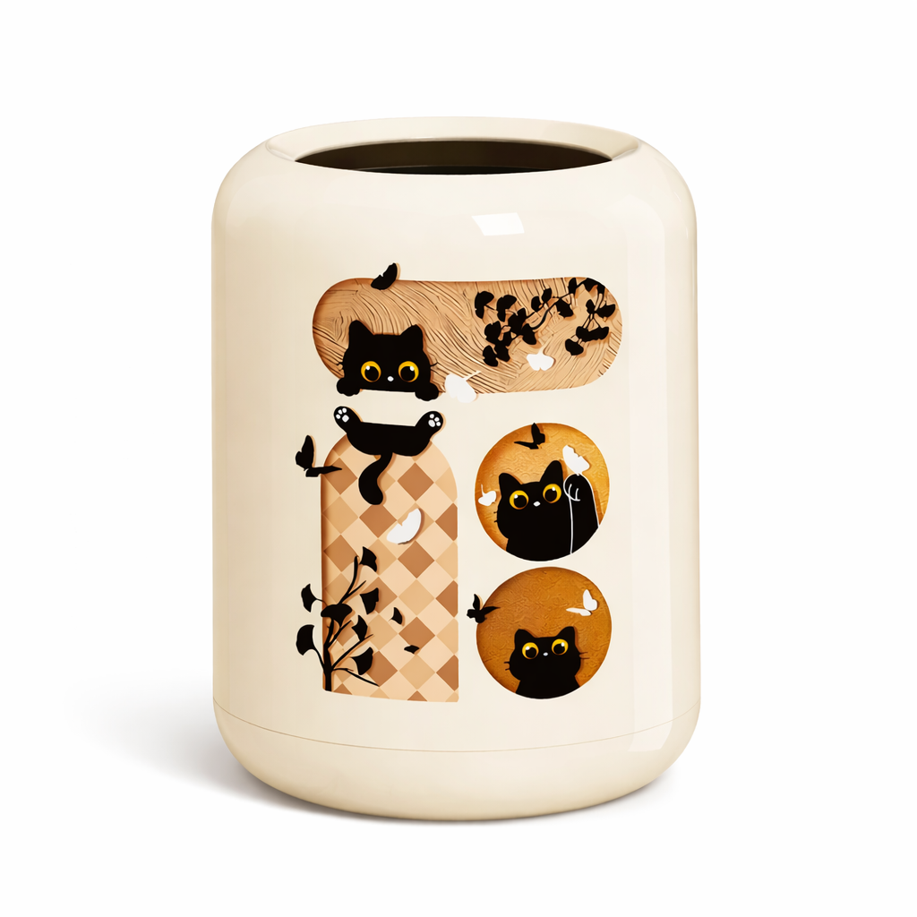 Motif chat décoratif sur poubelle de chambre ronde design ludique Poubelle & Design
