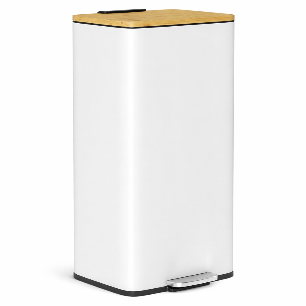 Poubelle de cuisine blanche et bambou 20 litres avec pédale Poubelle & Design