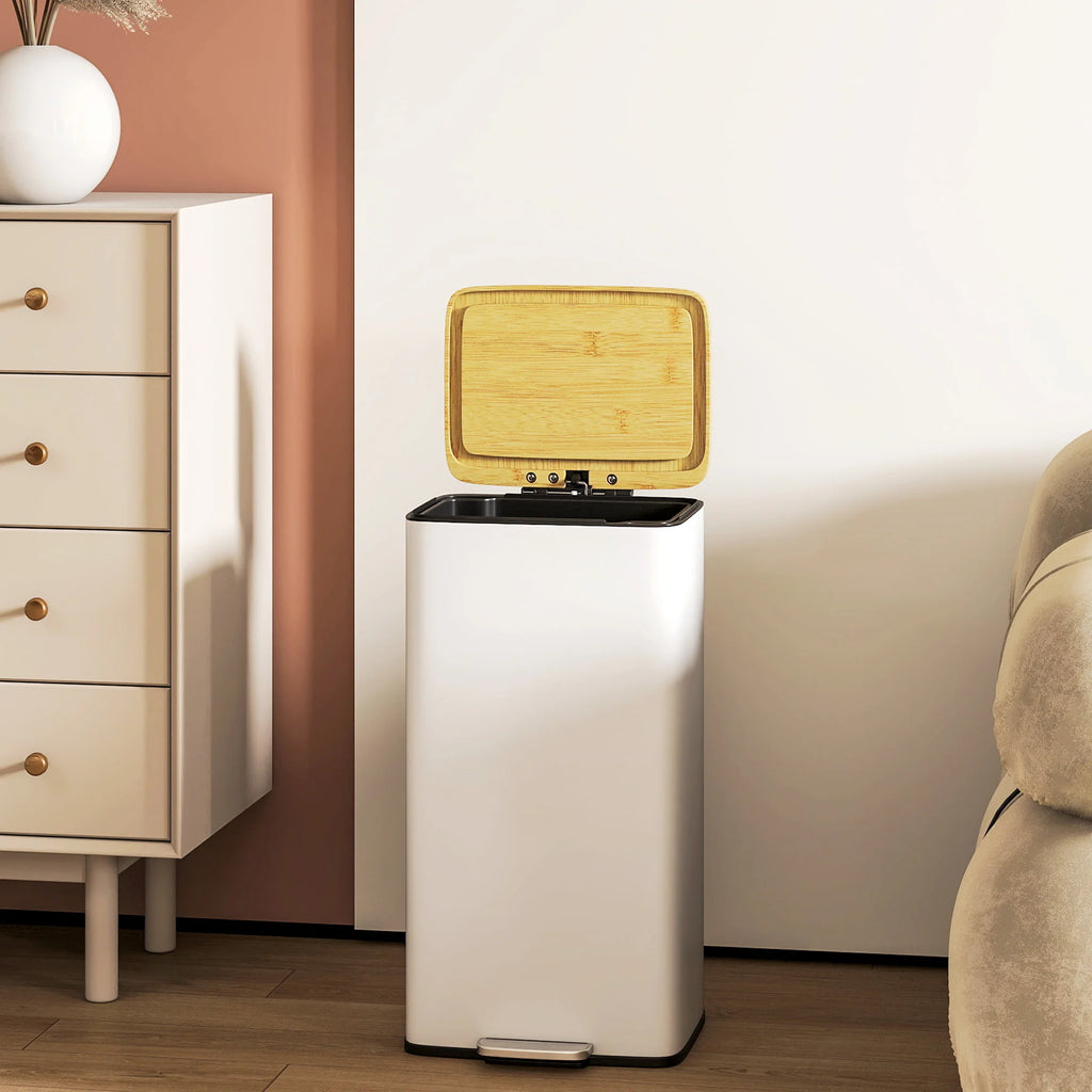Poubelle de cuisine blanche et bambou 20 litres avec pédale Poubelle & Design