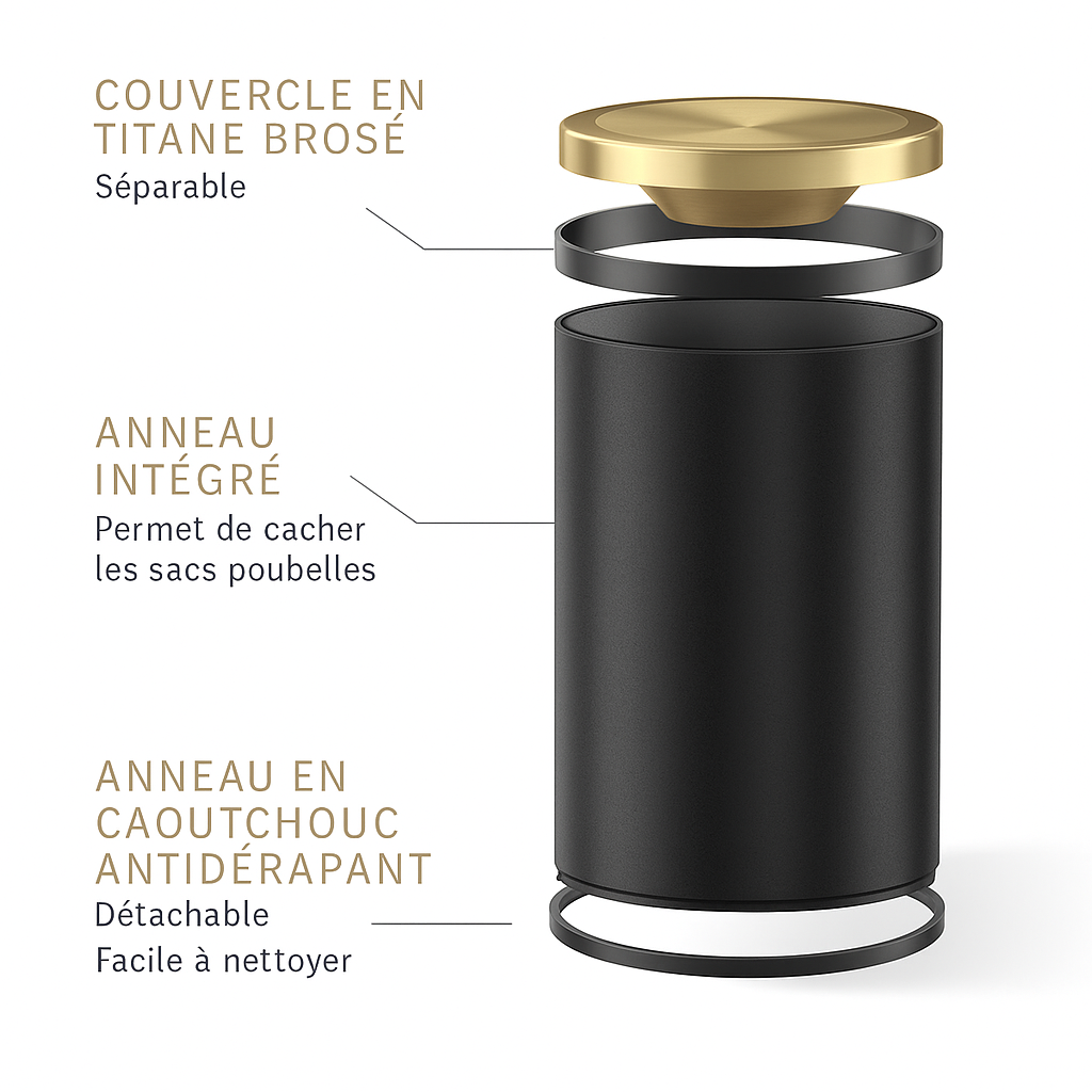 Poubelle design ronde 9L noire avec couvercle doré en acier inoxydable, compacte et anti-odeurs 20x31 cm