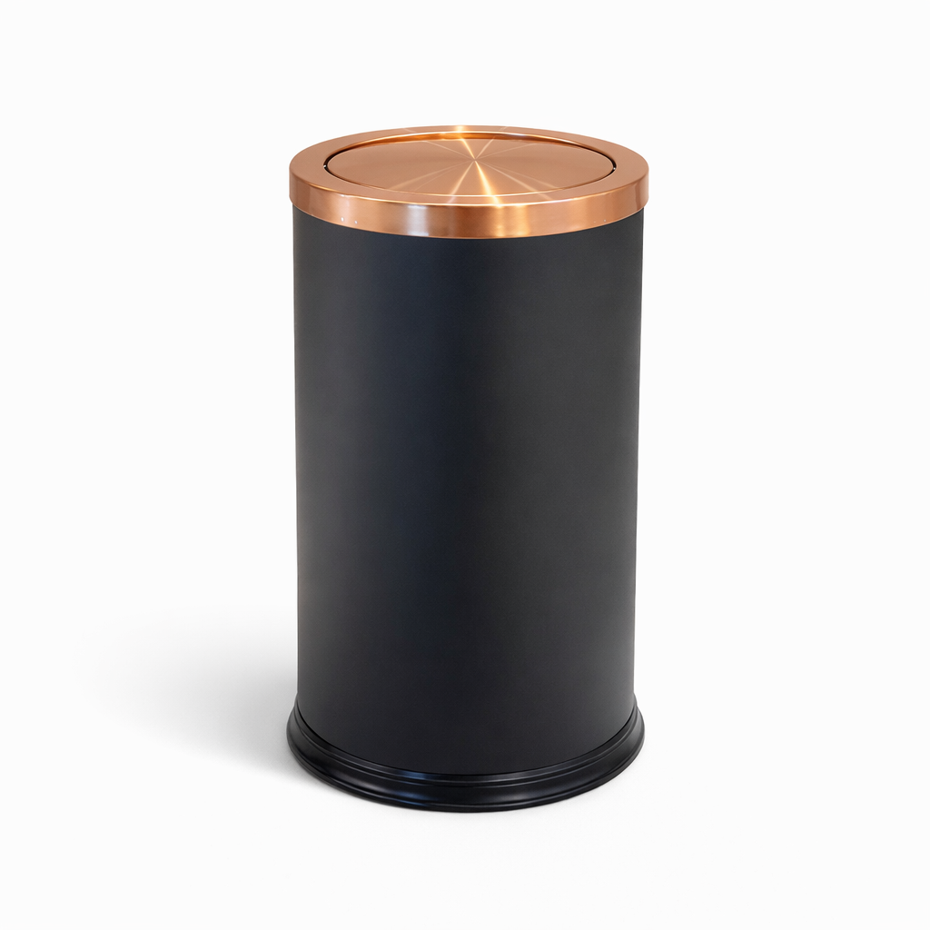 Poubelle design ronde 9L noire avec couvercle rose gold en acier inoxydable, format compact 20x31 cm