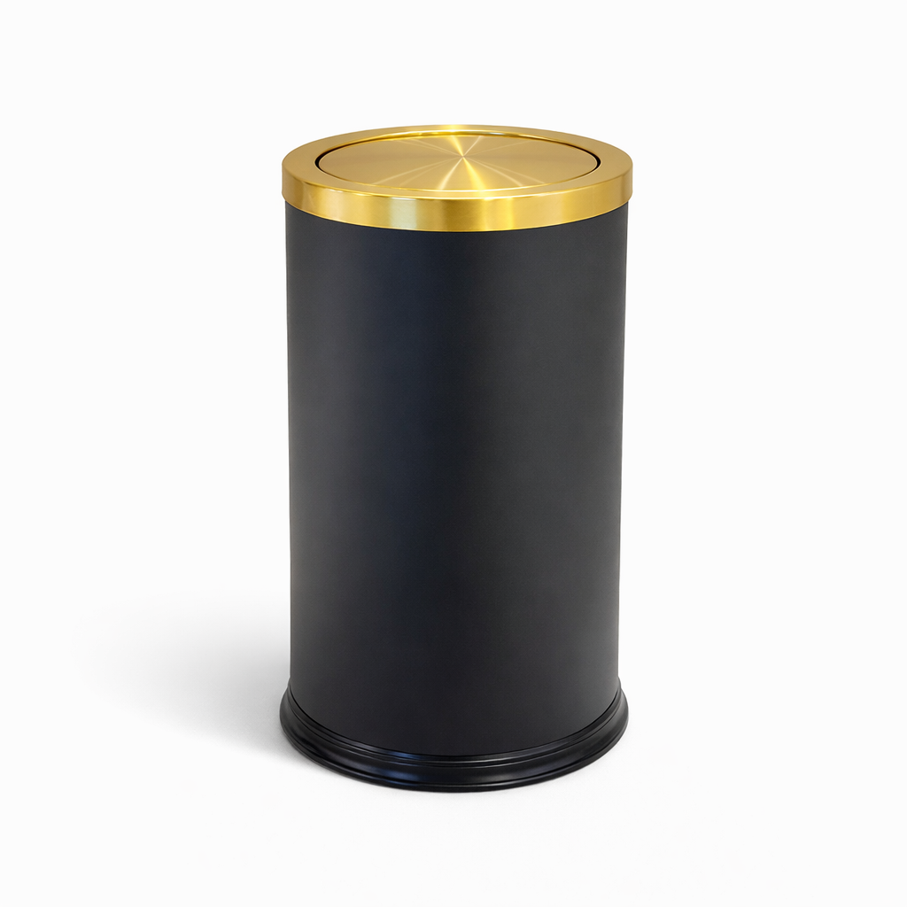 Poubelle design ronde 9L noire avec couvercle doré en acier inoxydable, compacte et anti-odeurs 20x31 cm