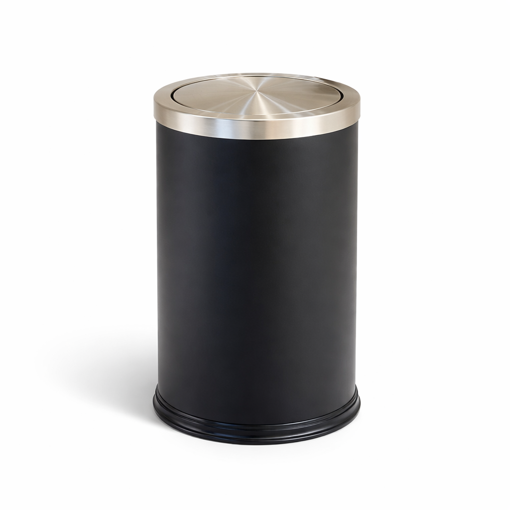 Poubelle design ronde 9L noire avec couvercle argent en acier inoxydable, idéale salle de bain ou chambre