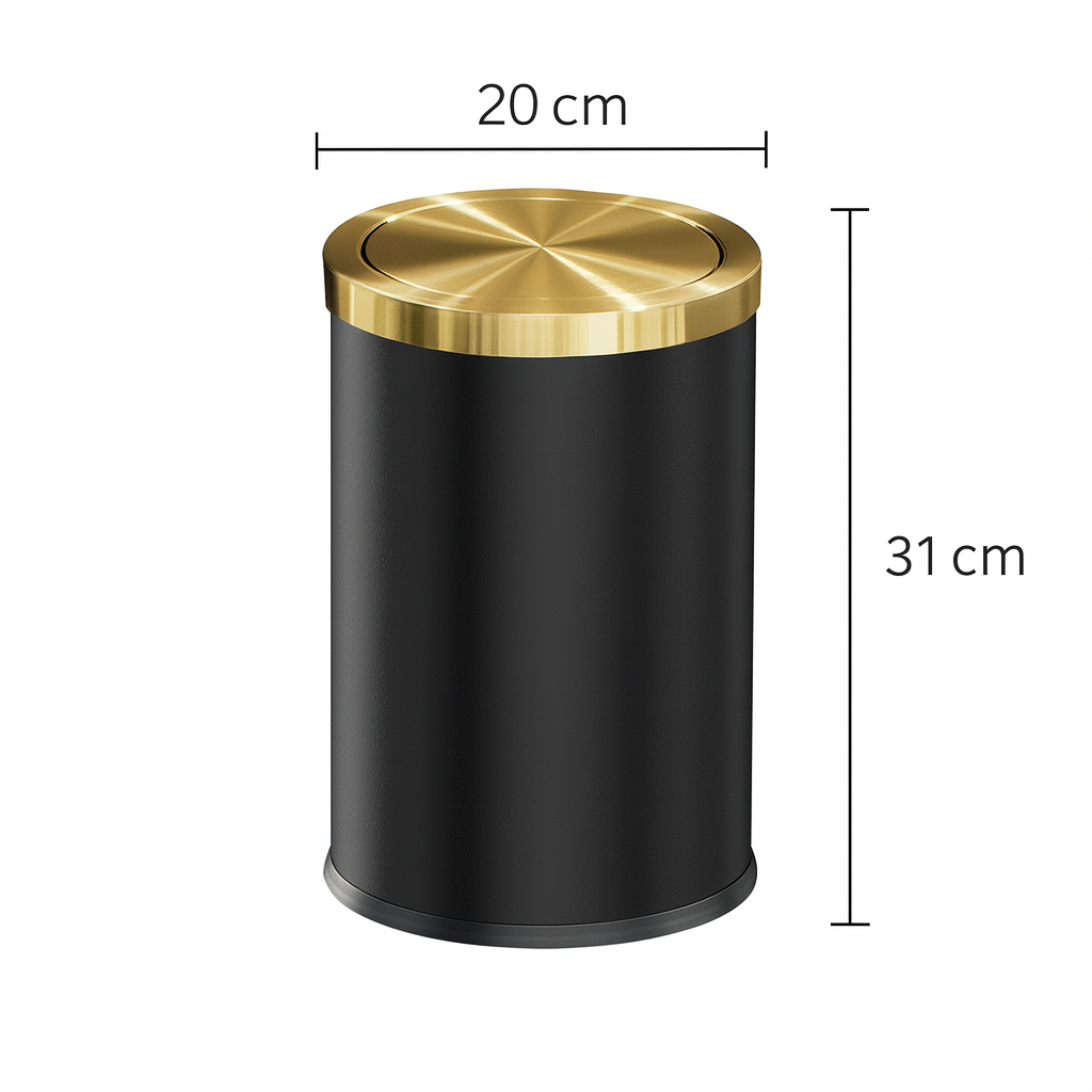 Poubelle design ronde 9L noire avec couvercle doré en acier inoxydable, compacte et anti-odeurs 20x31 cm