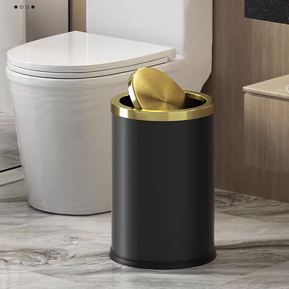 Poubelle design ronde 9L noire avec couvercle doré en acier inoxydable, compacte et anti-odeurs 20x31 cm