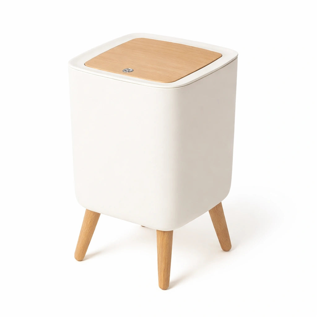 Poubelle design nordique 12 L avec pieds en bois et couvercle pop-up 
