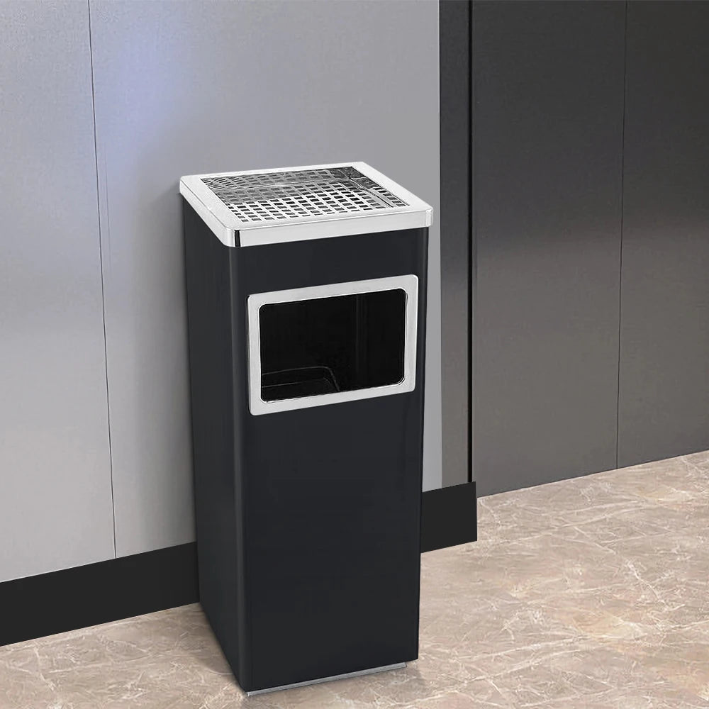 Poubelle inox noire avec cendrier et ouverture frontale pour déchets