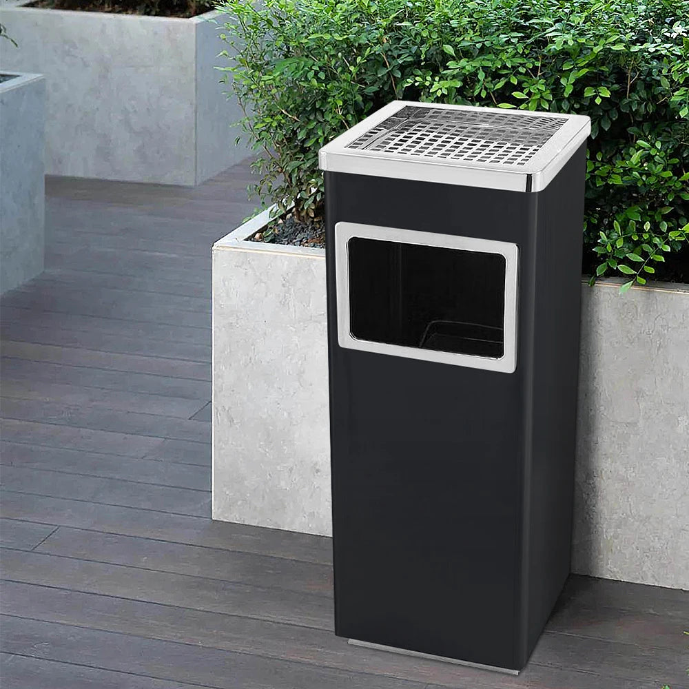 Poubelle inox noire avec cendrier et ouverture frontale pour déchets