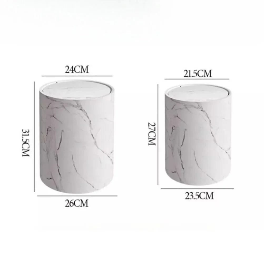 Dimensions de la poubelle de salon ronde marbrée 27 x 23,5 x 21,5 cm et 31,5 x 26 x 24 cm