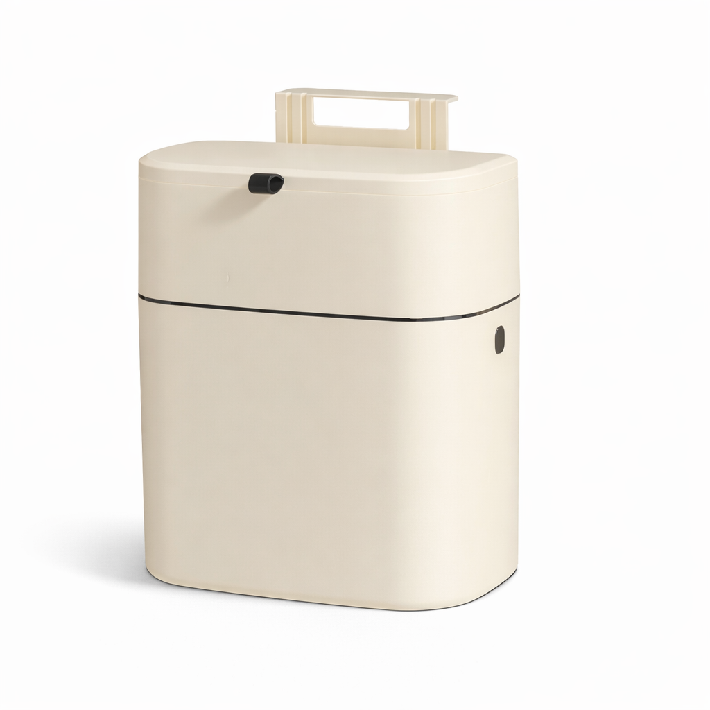 Poubelle suspendue de cuisine blanche fixée sur porte de placard avec couvercle anti-odeurs