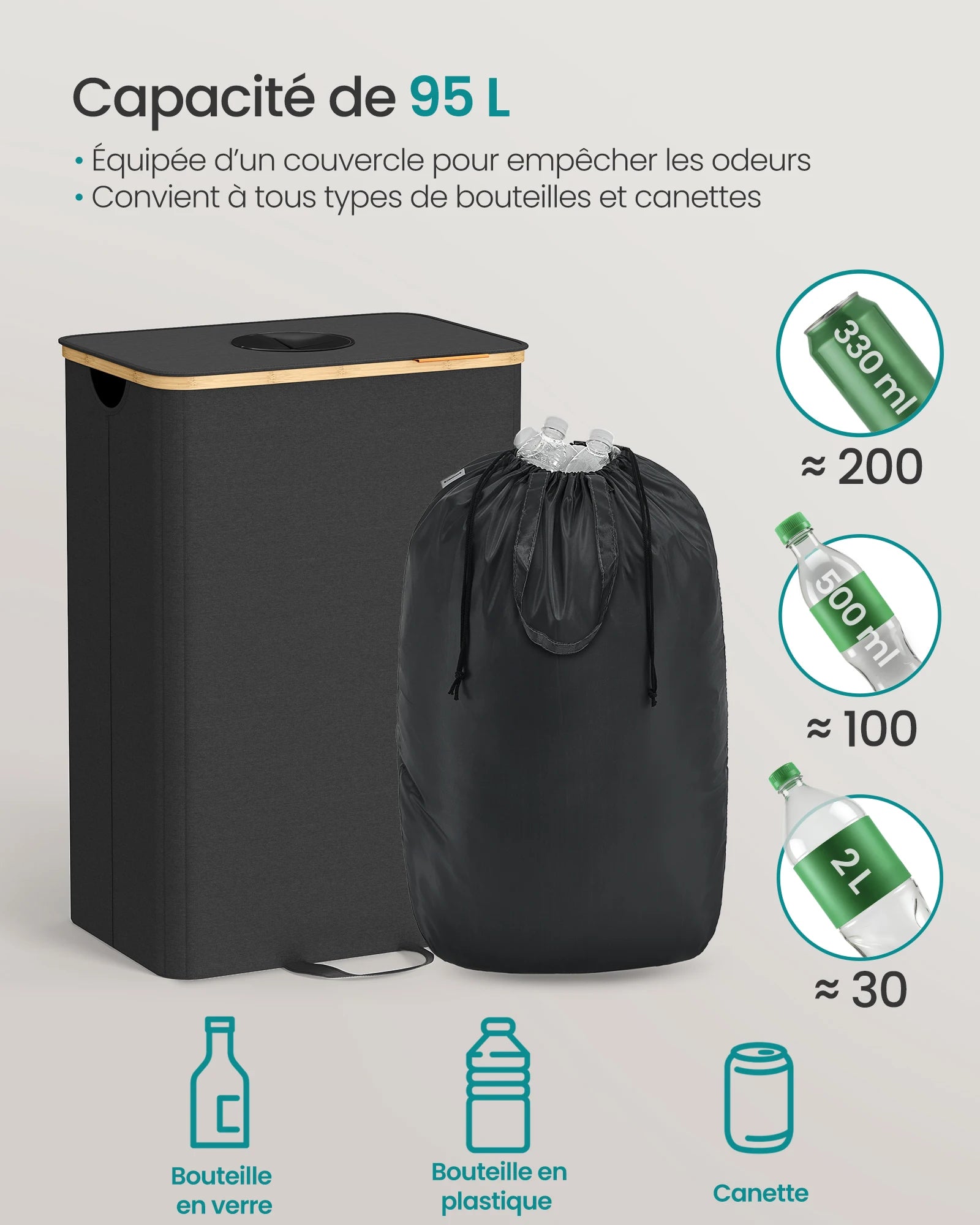 Poubelle de recyclage 95 L pour bouteilles et canettes avec ouverture, couvercle et sac à poignées Noir encre