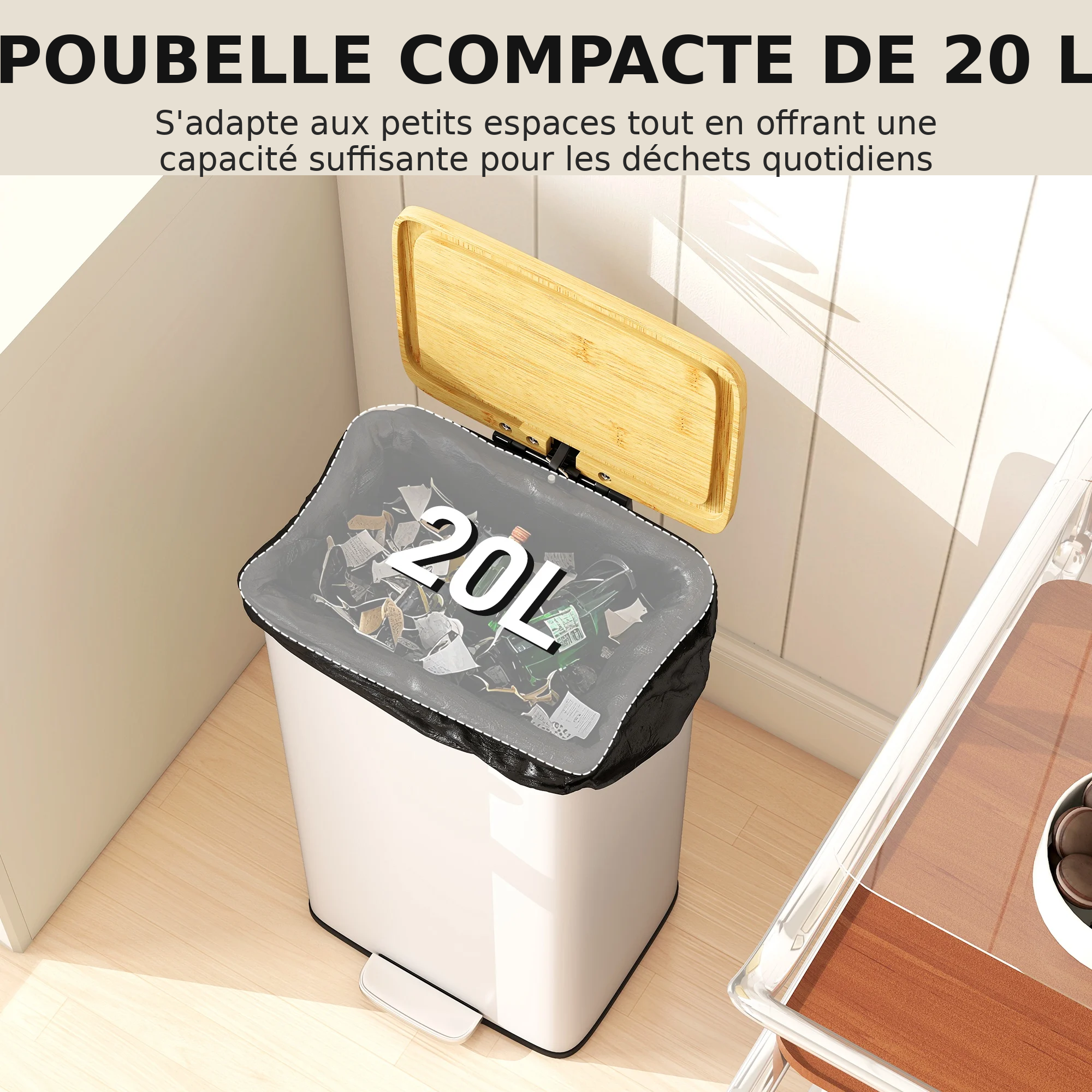 Poubelle de cuisine blanche et bambou 20 litres avec pédale Poubelle & Design